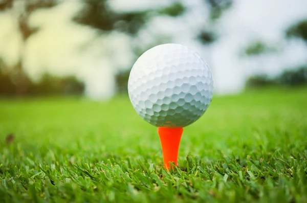 Мячик для гольфа с оранжевой тай на зеленой траве — стоковое фото