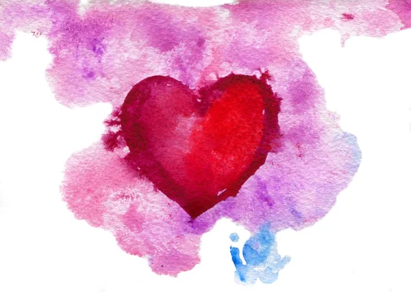 Hand dras akvarell rött hjärta på rosa bakgrund. — Stockfoto