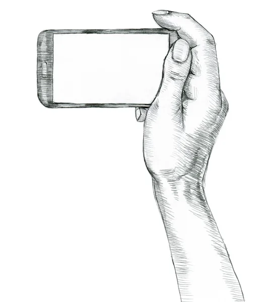 Hand holding smartphone. Hand drawing in pencil. — Stock Photo, Image