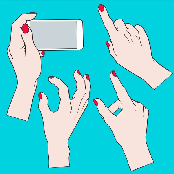 Des gestes de contact téléphonique. Mains de femme avec ongles rouges, smartphone blanc . — Image vectorielle
