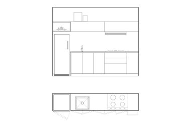 Modern Mutfak Kabinesi İç Tasarım Teknik CAD Çizim Yükseltileri ve Planı. 4