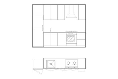 Modern Mutfak Kabinesi İç Tasarım Teknik CAD Çizim Yükseltileri ve Planı. 9