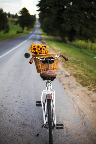 夏の村の道路を背景にバスケットに黄色の花が入ったヴィンテージの自転車 — ストック写真