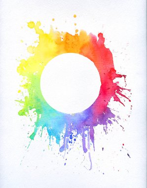 suluboya daire çerçevesi gökkuşağı renklerinde. Elle çizilmiş akvaryum çizimi, kart için arka plan, davet ve diğerleri. Holi arkaplanı