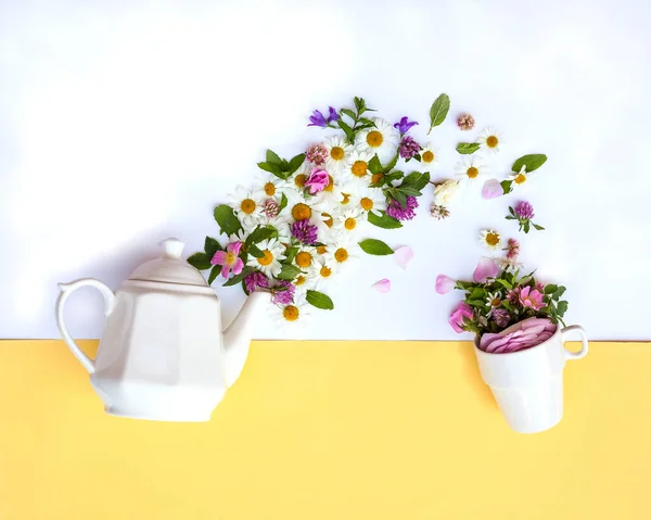 Çay demliği ile yaratıcı tasarım taze papatya çiçekleri ve nane yapraklarını pastel mavi arka planda çay fincanına döküyor. Yaratıcı bitki çayı konsepti. Düz yatıyordu.