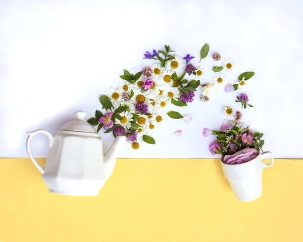 Kreatives Layout Mit Teekanne Die Frische Kamillenblüten Und Minzblätter Teetasse lizenzfreie Stockbilder