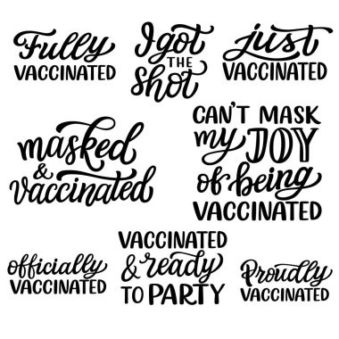 Beyaz arka planda izole edilmiş el yazısı aşı alıntıları. Posterler, kartlar, tişörtler, yüz maskeleri, raptiyeler, çıkartmalar için vektör tipografisi