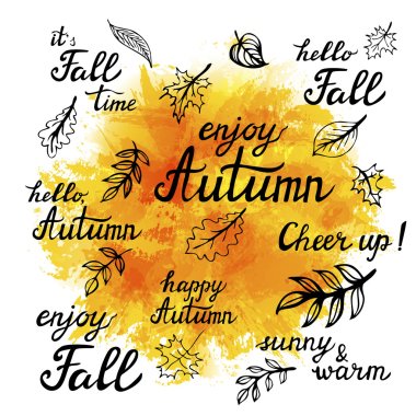Set of hand-drawn autumn slogans and doodle leaves clipart