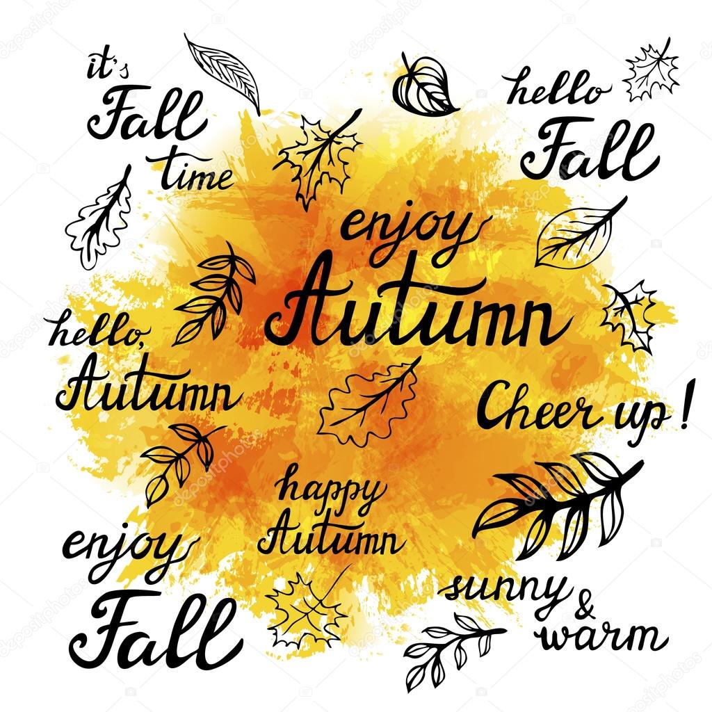 Set of hand-drawn autumn slogans and doodle leaves