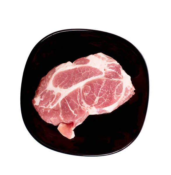 Kousky Syrového Vepřového Steaku Černé Desce Pohled Shora — Stock fotografie