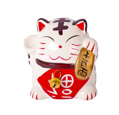 Seramik bebek Japon, şanslı kediyi selamlıyor. (Maneki Neko): Japonca karakterler iyi şans veya servet anlamına gelir