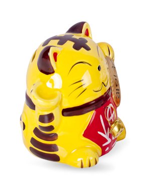 Seramik bebek Japon, şanslı kediyi selamlıyor. (Maneki Neko): Japonca karakterler iyi şans veya servet anlamına gelir