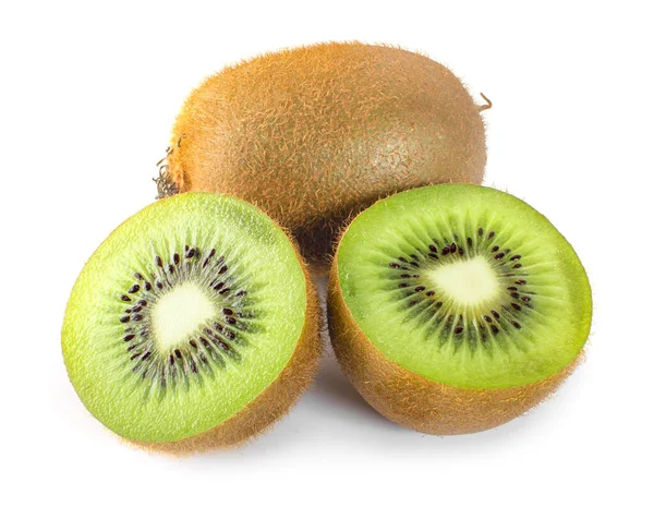 Rijp Hele Kiwi Halve Kiwi Geïsoleerd Witte Achtergrond — Stockfoto