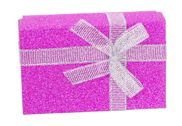 Purple Gift Box Sliver Ribbon White Background — Stock Photo, Image