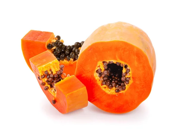 Hela Och Halva Mogna Papaya Frukt Med Frön Isolerade Vit — Stockfoto
