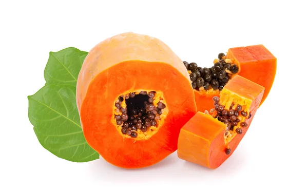 Ganze Und Halbe Reife Papayafrucht Mit Samen Auf Weißem Hintergrund — Stockfoto