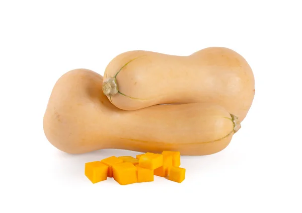 Flaschenförmiger Butternut Kürbis Und Ein Geschnittener Auf Weißem Hintergrund — Stockfoto