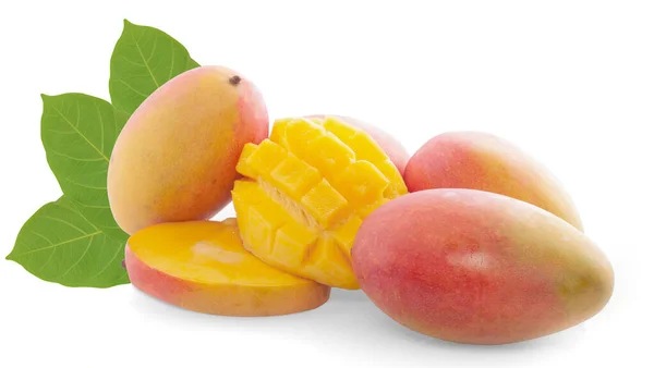Mango Fruit Mango Cubes Leaves Isolated White Background — Stock Photo, Image