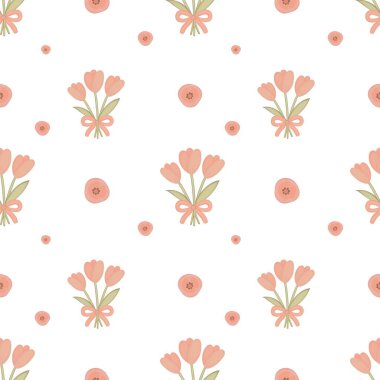 Zarif çiçek desenleri, küçük dairesel çiçek motifleri eşliğinde fiyonklu pembe lalelerden oluşan zarif buketler. Beyaz zemin üzerine simetrik olarak yerleştirilmiş bu yumuşak ve romantik tasarım tekstil, duvar kâğıtları ve kırtasiye için mükemmeldir.