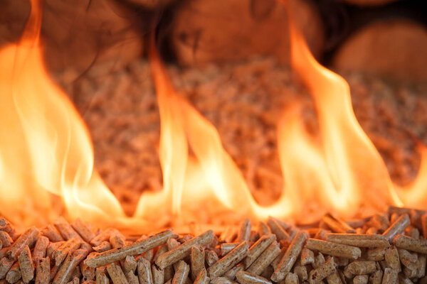 Pile of wood pellets, burning in flames