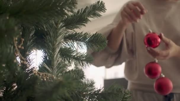 크리스마스 트리를 장식하고 있는 다크 헤어 혼합 인종 소녀. 클로즈업 4k 고품질 비디오 필름. — 비디오