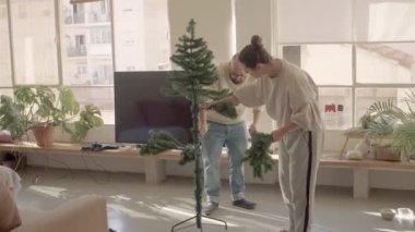 Ev kıyafetli bir çift yapay bir Noel ağacı yapıyor. Yüksek kaliteli 4K video görüntülerini yakınlaştır.