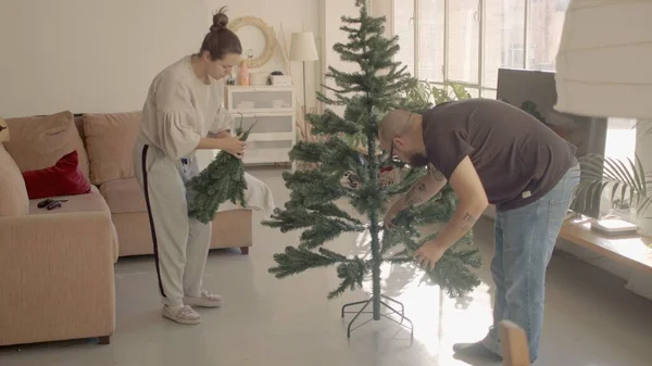 Homem e mulher em casa formando uma árvore de Natal artificial. Imagem de foto de alta resolução tiro completo Fotos De Bancos De Imagens Sem Royalties