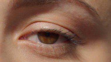 Genç kadın güzel gözlerini açıyor ve kapıyor. Makro yakın plan göz kırpması. Yavaş Hareket yüksek kaliteli video. 