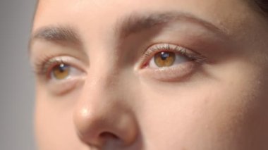 Kahverengi gözlü, beyaz güzel bayan kameraya bakıyor. Yakın plan yanıp sönüyor. Yavaş Hareket yüksek kaliteli video. 