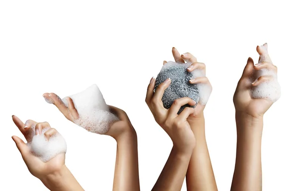 Mani donna con schiuma di sapone — Foto Stock