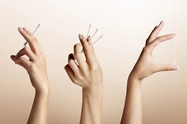 Woman hands with cotton bud-stick — Stock Photo, Image