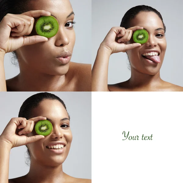 Mujer con rebanada de kiwi — Foto de Stock