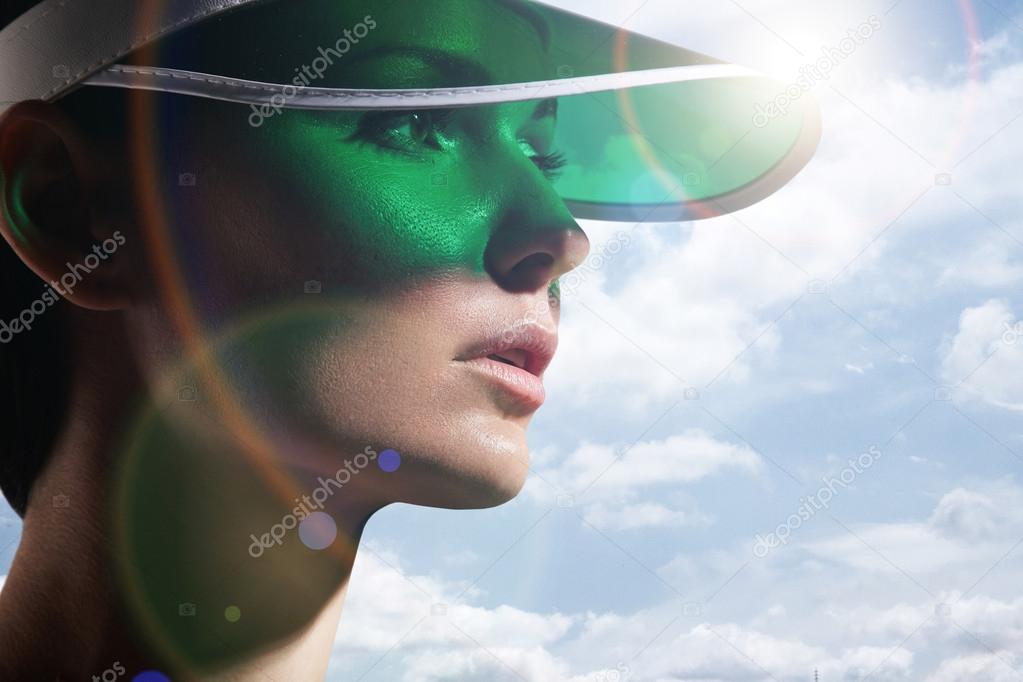 Woman in sun visor
