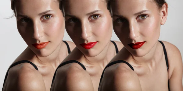 Frau mit unterschiedlichen Lippenstiften — Stockfoto