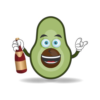Avokado maskotu karakteri elinde şişe tutuyor. vektör illüstrasyonu