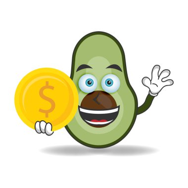 Avokado maskotu karakteri bozuk para tutuyor. vektör illüstrasyonu