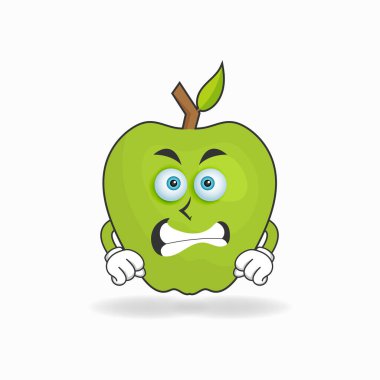 Kızgın ifadeli elmalı maskot karakteri.