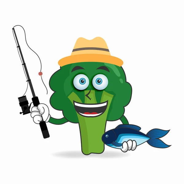 Broccoli Mascot Character Fishing — Stock Vector