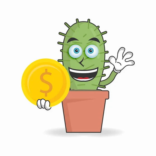 Cactus Mascote Personagem Segurando Moedas — Vetor de Stock