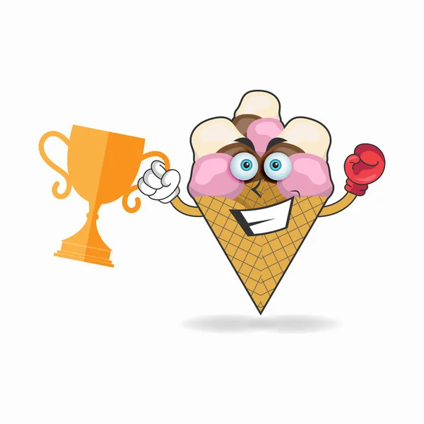 Ice Cream Mascot Character Wins Boxing Trophy — Stock Vector