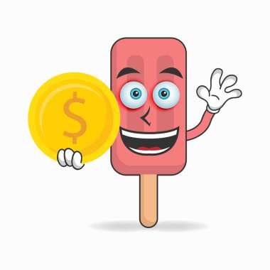 Kırmızı Dondurma maskotu karakteri bozuk para tutuyor..