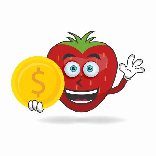 stock vector Strawberry mascot character holding coins.