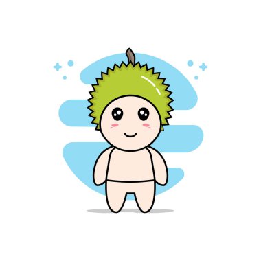 Durian kostümü giyen sevimli bir bebek karakteri. Maskot tasarımı konsepti