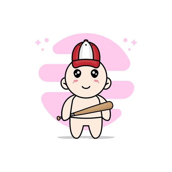 Cute Baby Character Design Wearing Baseball Costume Mascot Design Concept — Stock Vector