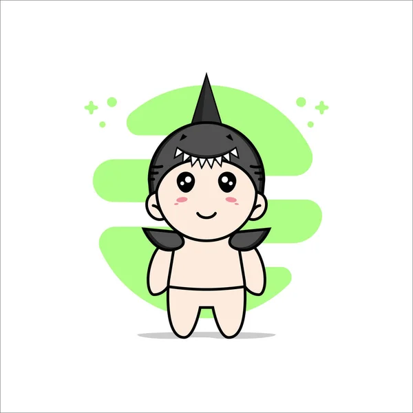 可爱的婴儿角色穿着鲨鱼服装 吉祥物设计理念 — 图库矢量图片