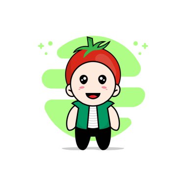 Domates kostümü giyen sevimli bir erkek karakteri. Maskot tasarımı konsepti