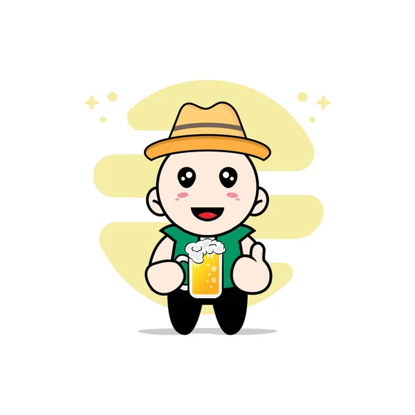 Cute Men Character Holding Glass Beer Mascot Design Concept — Stock Vector