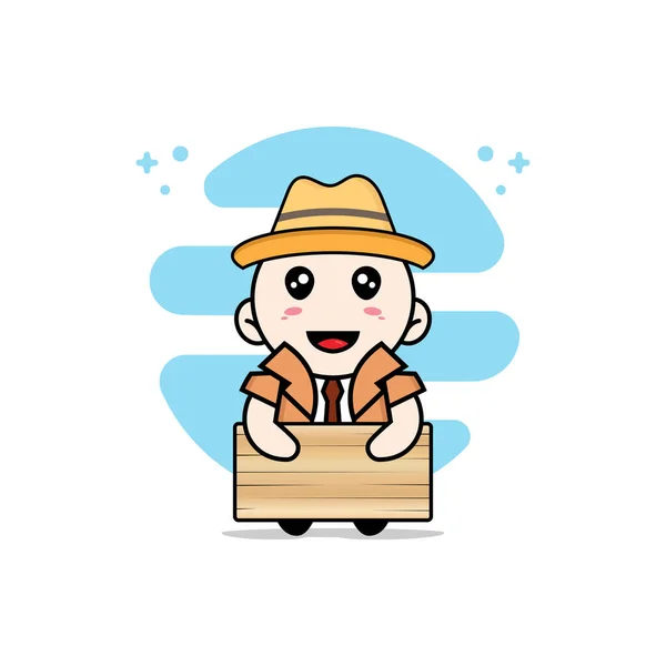 Cute Detective Character Holding Wooden Board Mascot Design Concept — Stock Vector