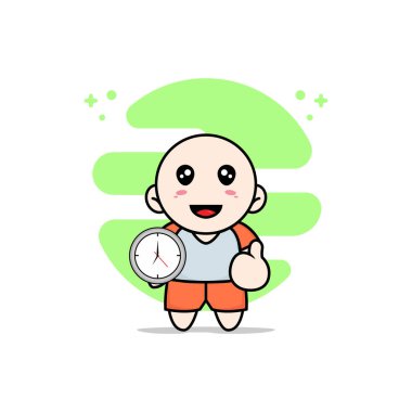 Duvardaki saati tutan sevimli çocuk karakteri. Maskot tasarımı konsepti