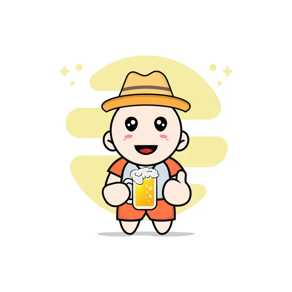 Cute Kids Character Holding Glass Beer Mascot Design Concept — Stock Vector